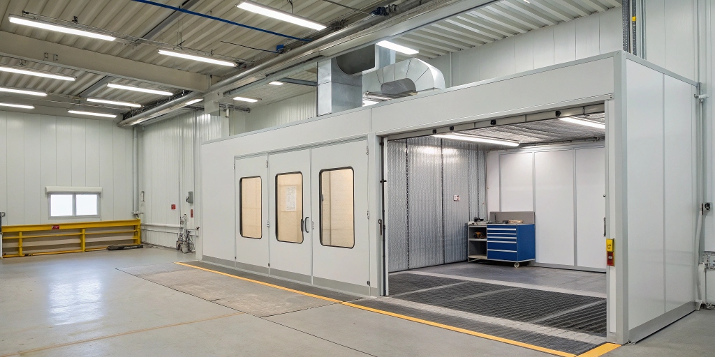 A large industrial paint booth with bright lighting, metal walls, and ventilation systems, showing safety equipment and workspace setup for automotive or machinery painting.
