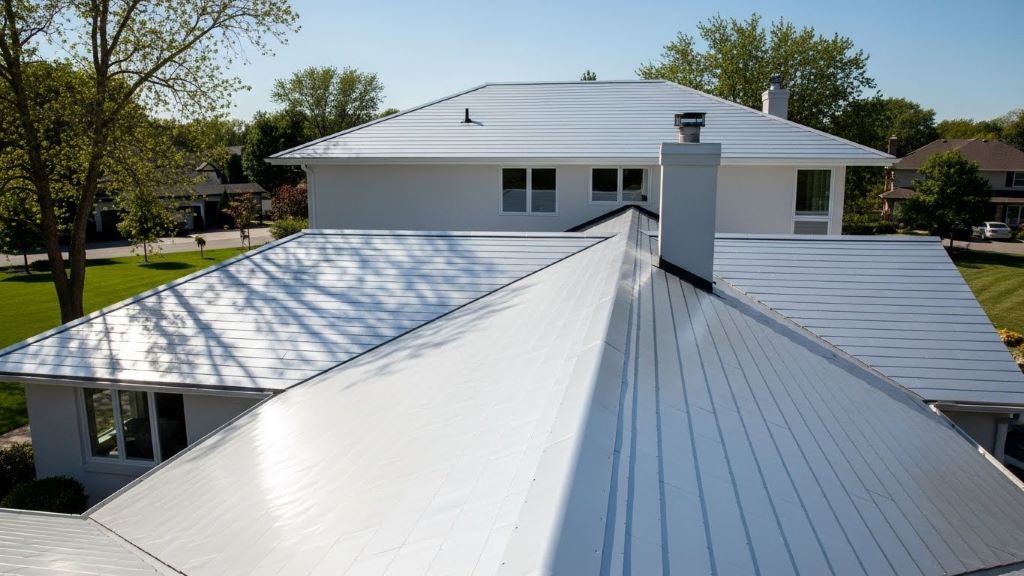 Modern reflective roof shingles installed on residential home for improved temperature control and energy efficiency