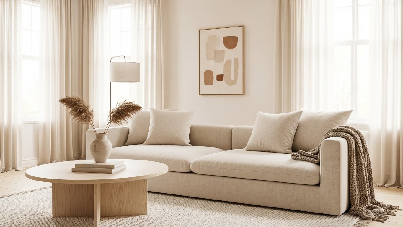 Layered textures in warm minimalist design featuring chunky knit throw, linen pillows, and jute rug in neutral tones