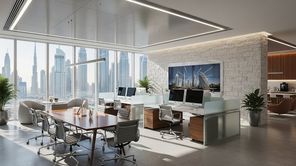 Modern office renovation Dubai open workspace layout