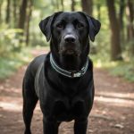 Large black dog wearing adjustable Black Rhino collar on a trail, showing reflective stitching