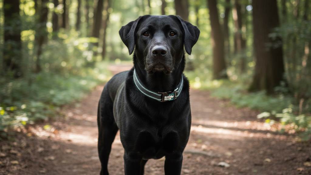 Large black dog wearing adjustable Black Rhino collar on a trail, showing reflective stitching