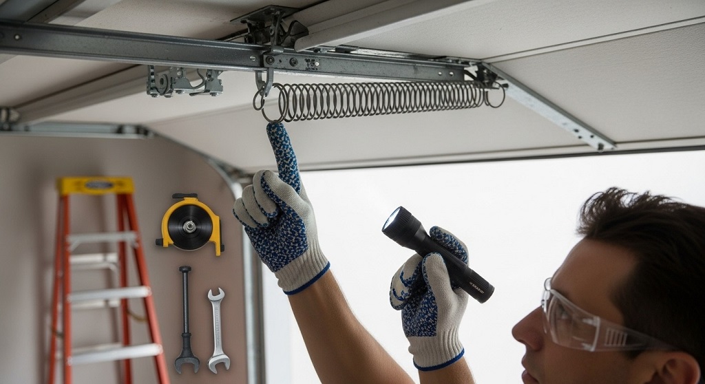 Garage door hardware components including springs and cables