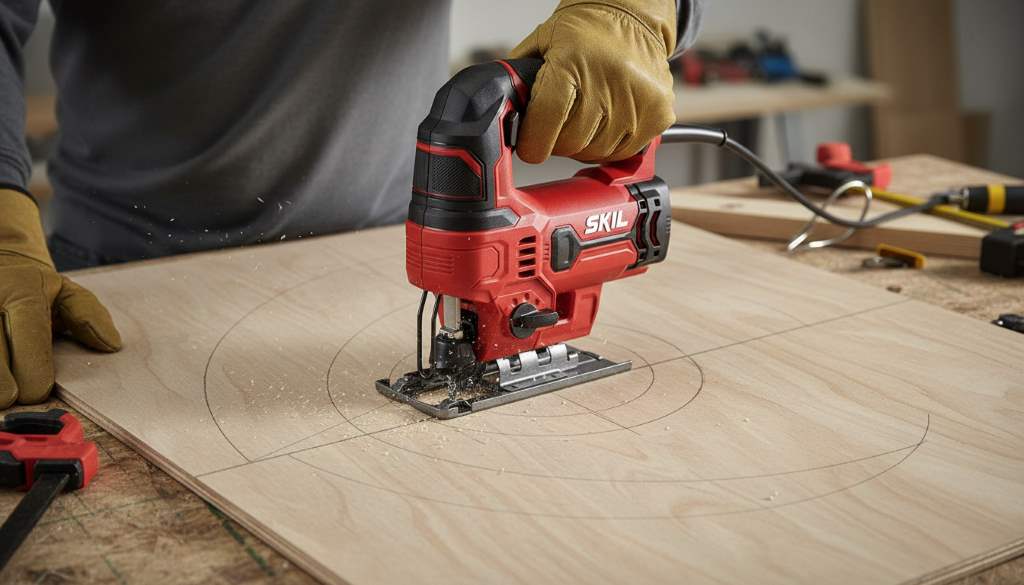 Woodworker guiding compact jigsaw along marked curved line on plywood for precise cut