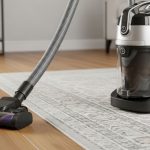 Modern vacuum cleaner on hardwood floor next to area rug demonstrating multi-surface cleaning capability