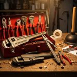 A homeowner's workbench displaying a set of essential plumbing tools including pipe wrenches, pliers, a plunger, and Teflon tape organized neatly in a toolbox