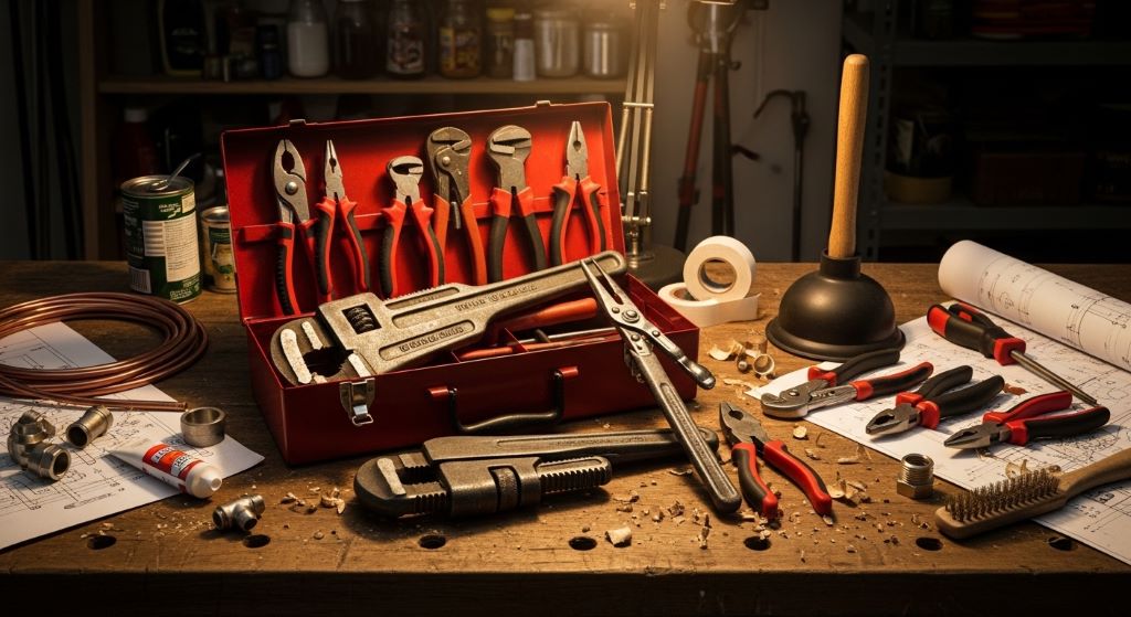 A homeowner's workbench displaying a set of essential plumbing tools including pipe wrenches, pliers, a plunger, and Teflon tape organized neatly in a toolbox