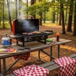 Portable propane grill set up on a picnic table at a campsite surrounded by trees