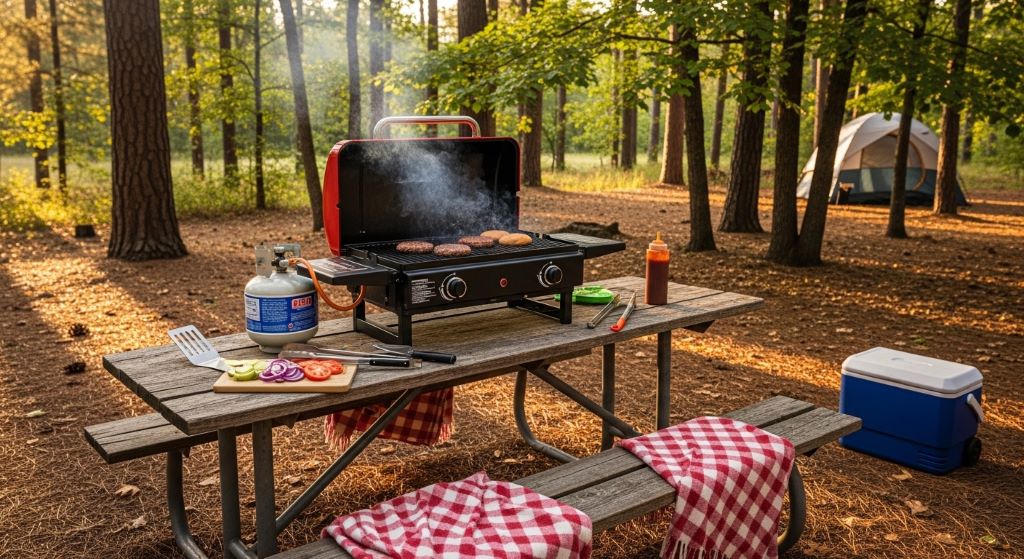 Portable propane grill set up on a picnic table at a campsite surrounded by trees