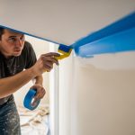 Painter applying blue tape along a wall edge before painting to prevent paint bleed