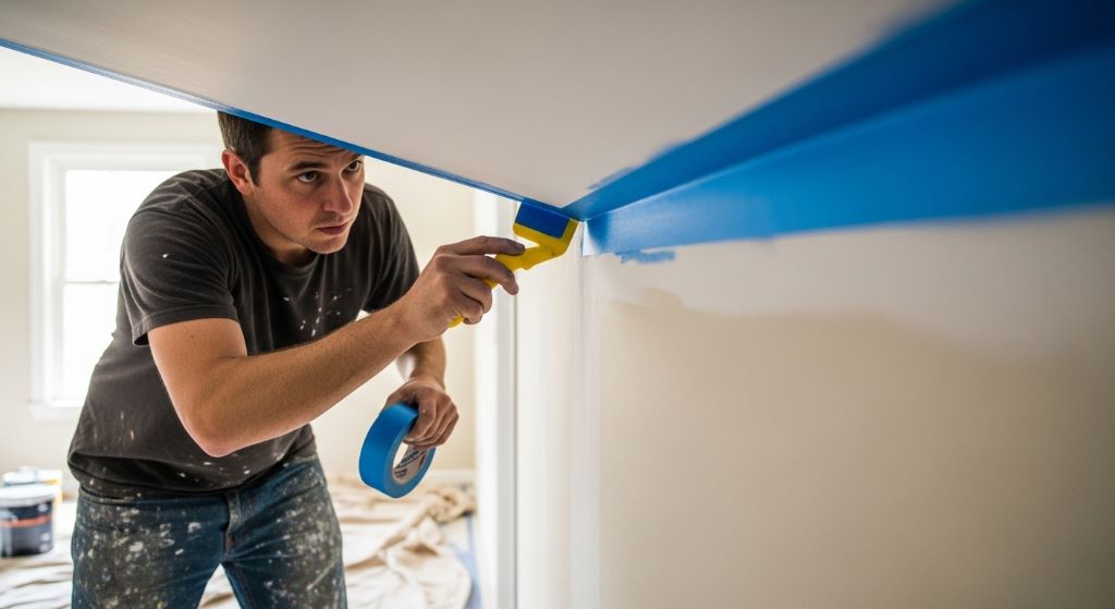 Painter applying blue tape along a wall edge before painting to prevent paint bleed