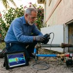 Aging Miami home with plumbers replacing old galvanized pipes with modern PEX plumbing system