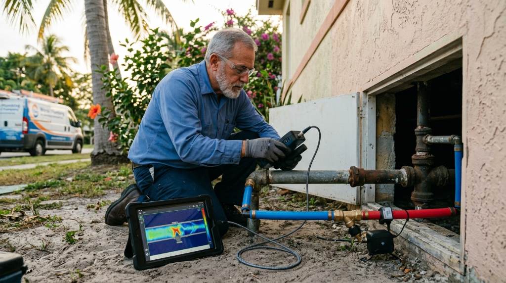 Aging Miami home with plumbers replacing old galvanized pipes with modern PEX plumbing system