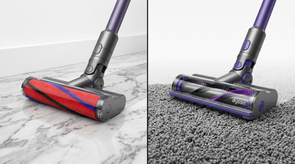 Side-by-side comparison of Dyson vacuum cleaner heads for hard floors and carpets.