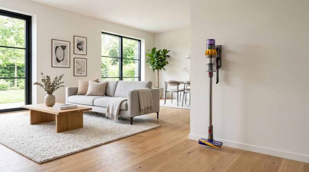 A Dyson cordless vacuum standing in a sunlit minimalist living room with hardwood floors.