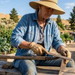 Gardener in Boise Idaho manually sharpening a garden hoe with a metal file in an outdoor workspace