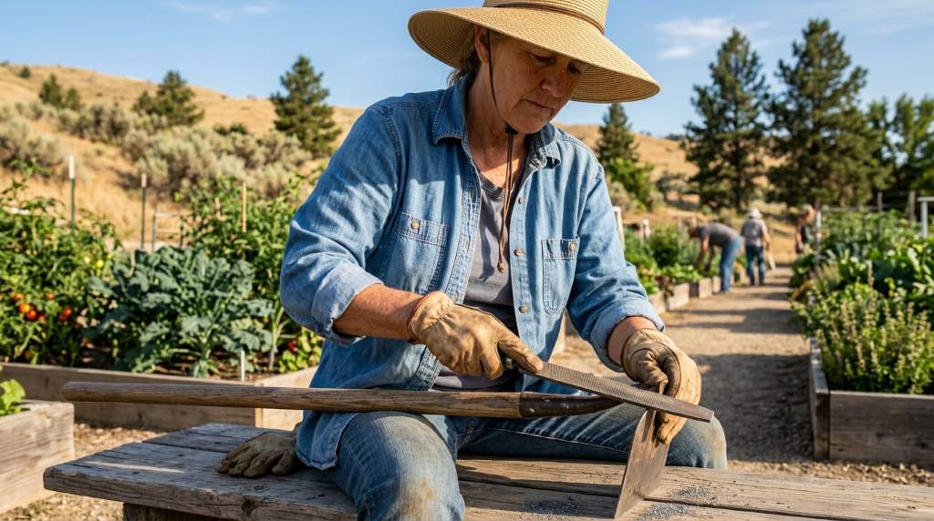 Gardener in Boise Idaho manually sharpening a garden hoe with a metal file in an outdoor workspace