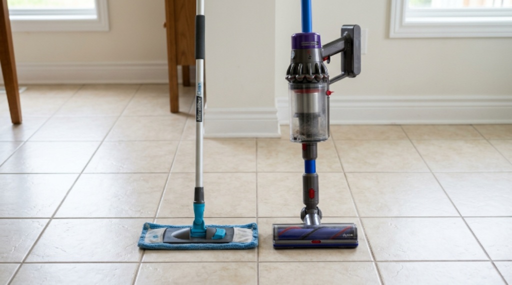 A microfiber mop and cordless vacuum placed side by side on a clean ceramic tile floor