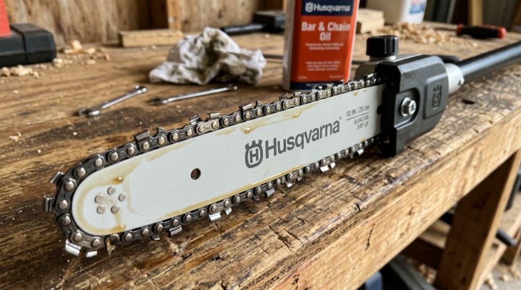 Close-up of a clean pole saw guide bar and chain after maintenance with bar oil applied
