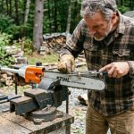 Person sharpening a pole saw chain with a round file secured in a workbench vice outdoors