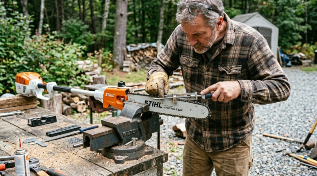 Person sharpening a pole saw chain with a round file secured in a workbench vice outdoors
