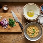 Flat lay of essential cooking tools on a wooden counter including a pasta strainer, chef's knife, cutting board, and mixing bowls