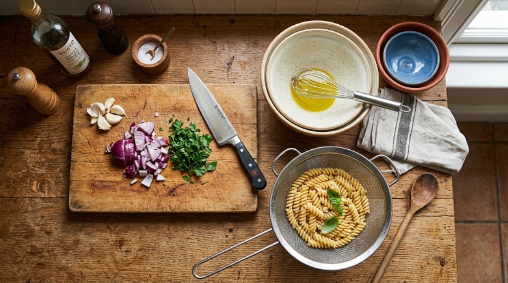Flat lay of essential cooking tools on a wooden counter including a pasta strainer, chef's knife, cutting board, and mixing bowls