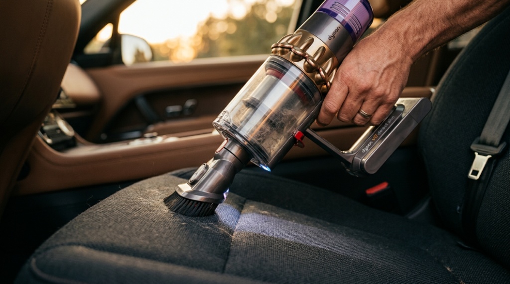 Close-up of a Dyson vacuum in handheld mode cleaning dust off a grey fabric sofa.
