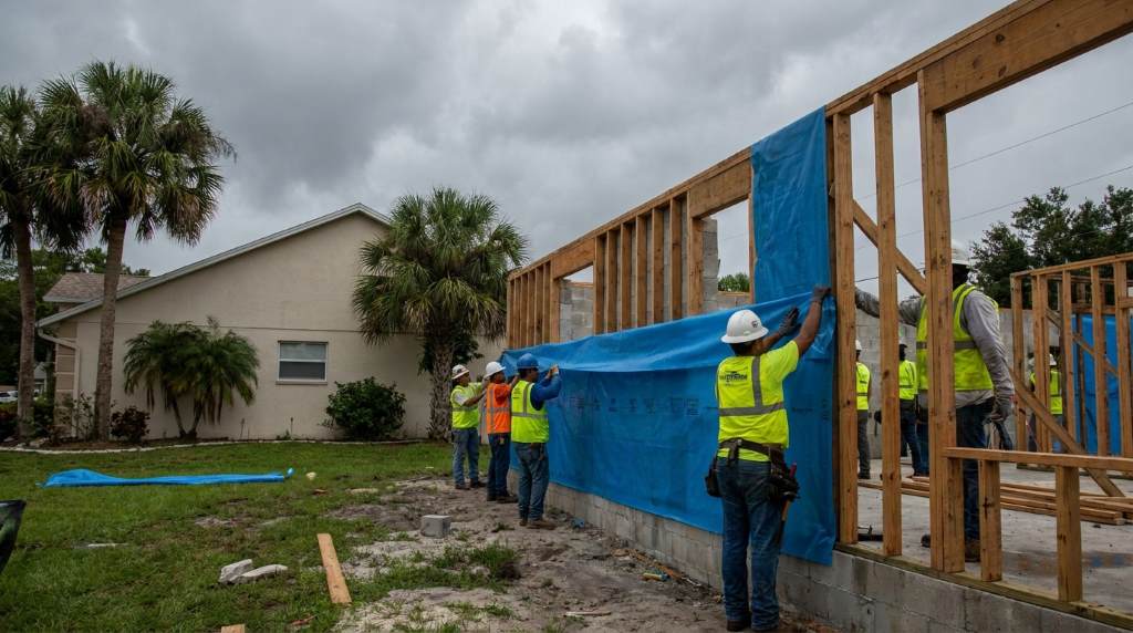 Tampa home wall reconstruction with moisture barrier installation