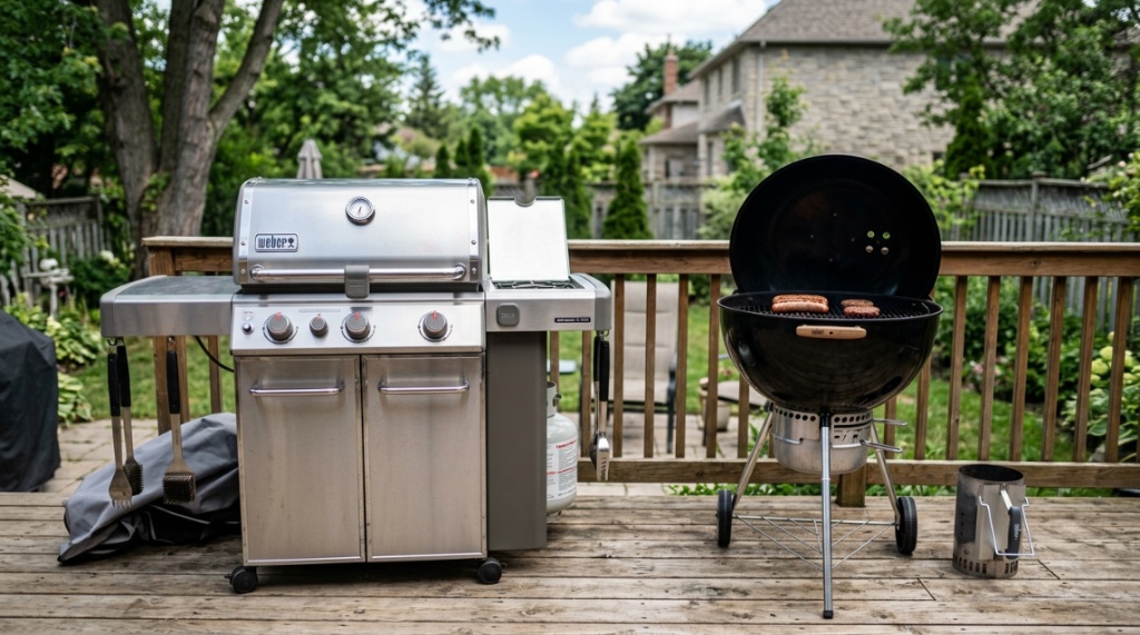 Stainless steel gas grill next to a black charcoal grill on a deck.