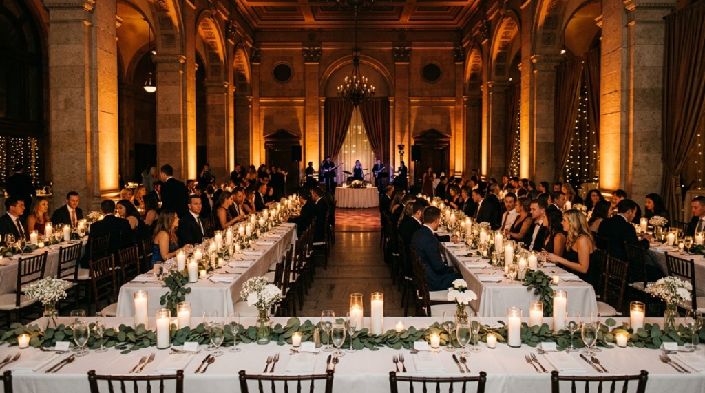 Elegant wedding reception hall with dramatic warm lighting and long tables.