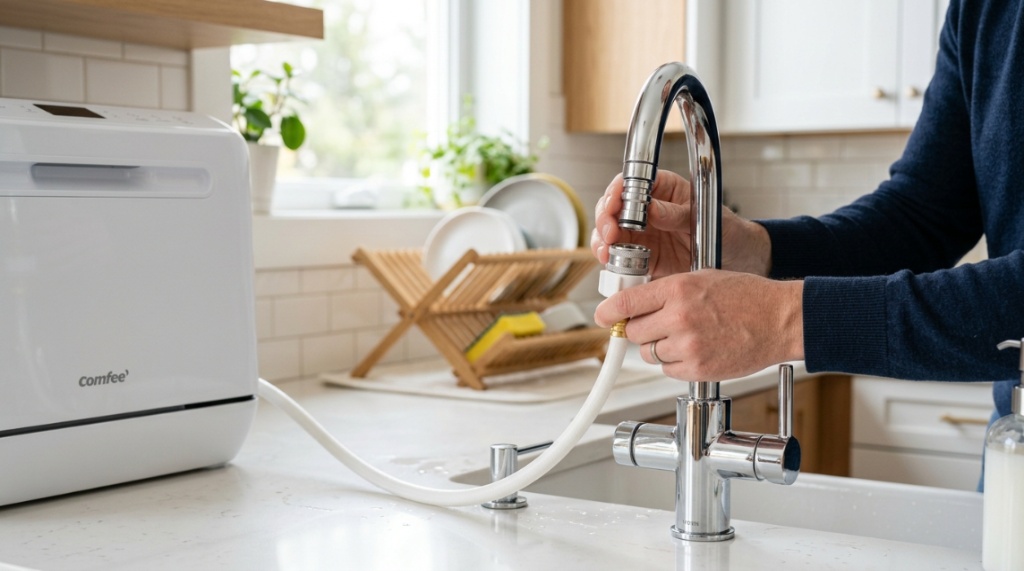 Person connecting a portable countertop dishwasher hose to a kitchen sink faucet.