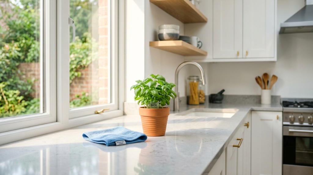 Various kitchen countertop material samples arranged neatly next to a gentle cleaning cloth.