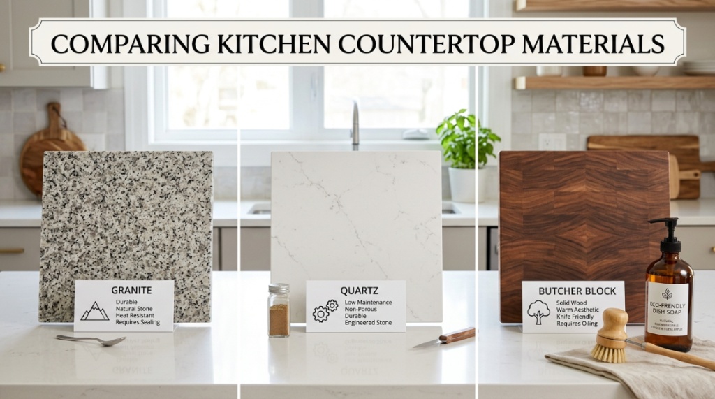 A bright modern kitchen featuring spotless white quartz countertops in afternoon sunlight.
