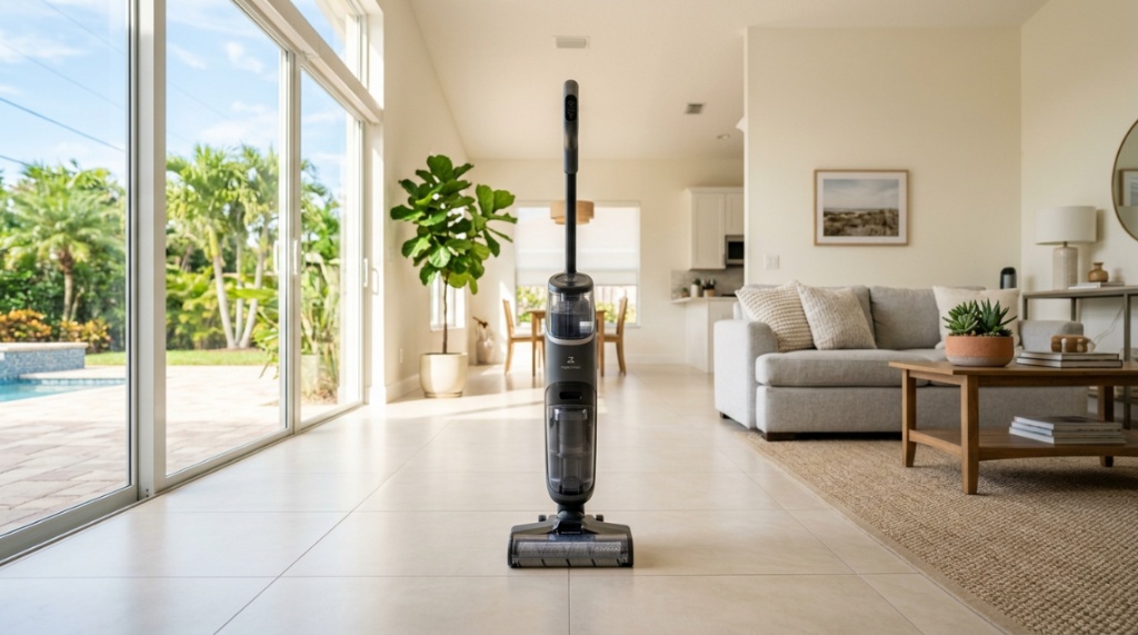 Modern wet dry vacuum on tile floor in sunny Florida home.