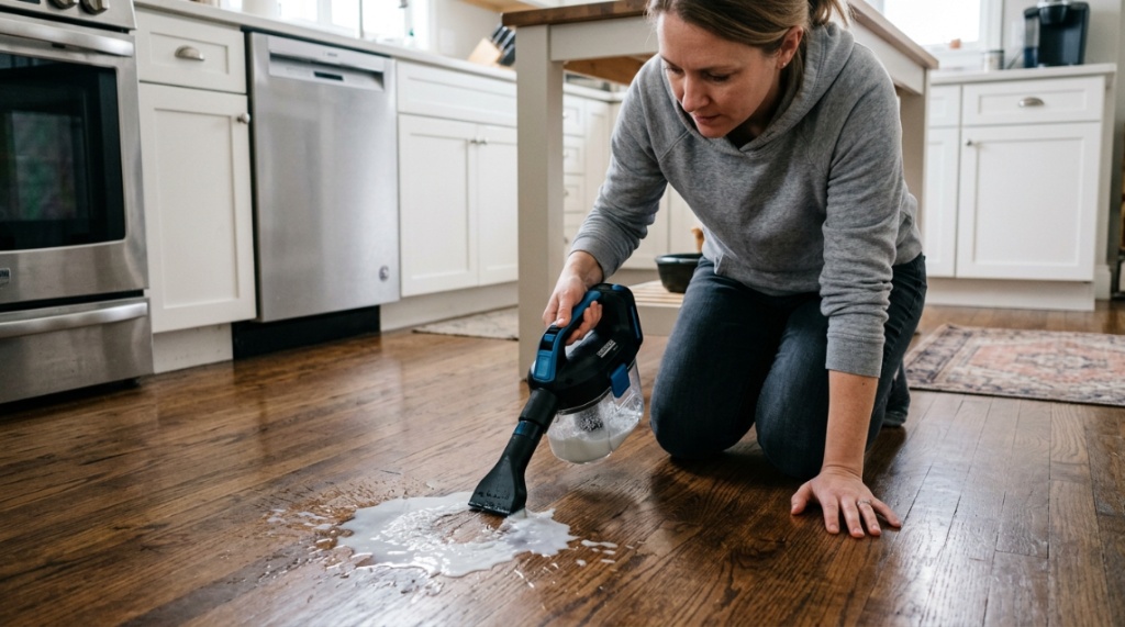 Person cleaning kitchen liquid spill using wet dry vacuum.