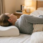 Ergonomic memory foam cervical pillow resting on a white bed.