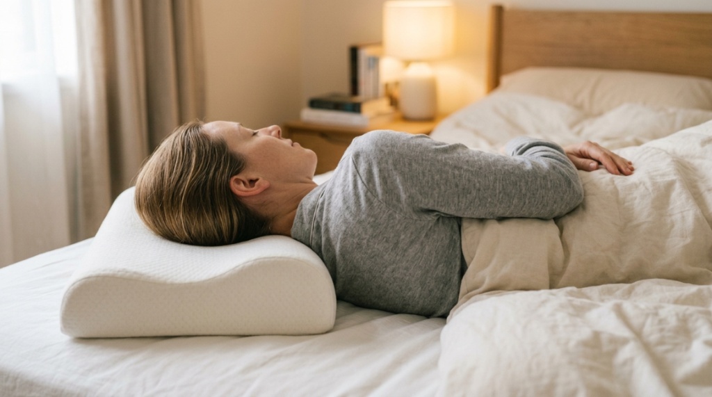 Ergonomic memory foam cervical pillow resting on a white bed.