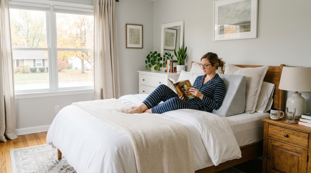 Person resting in bed supported by a wedge pillow to relieve back pain.