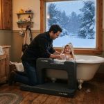 Man using thick bath kneeler and elbow pad beside tub in winter.
