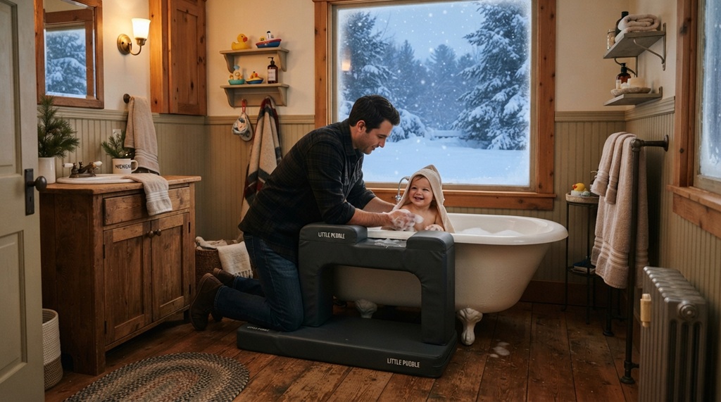 Man using thick bath kneeler and elbow pad beside tub in winter.