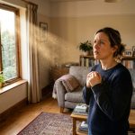 Concerned homeowner looking at dusty air particles in a sunlit living room.
