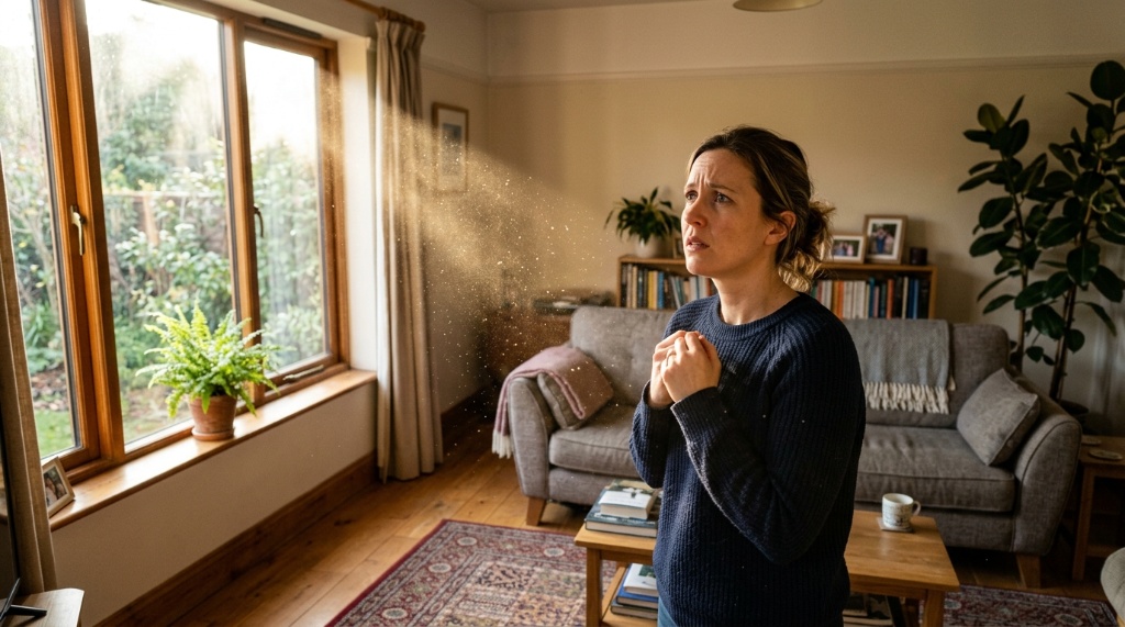Concerned homeowner looking at dusty air particles in a sunlit living room.